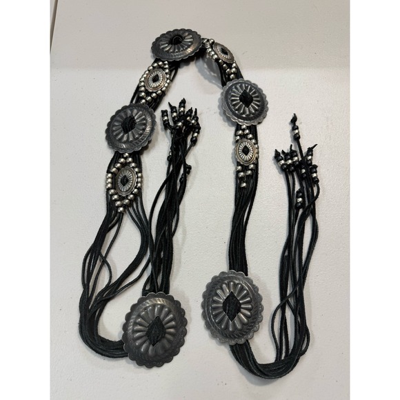 Accessories - Vintage Southwestern Silver Concho Black Leather Multi Strand Tie Belt Western